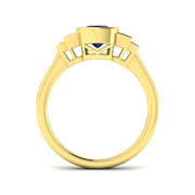 Bezel Set Cushion Blue Sapphire Three Stone Diamond Engagement Ring in 10K/14K gold and platinum with certified lab-grown or natural diamonds