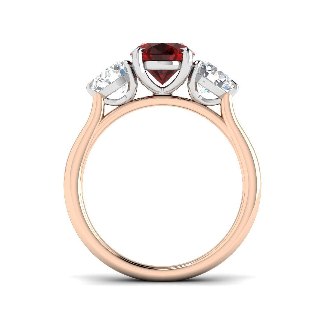 Ruby Three Stone Ring with Oval Cut & Diamond Side Stones in 10K/14K gold and platinum with certified lab-grown or natural diamonds