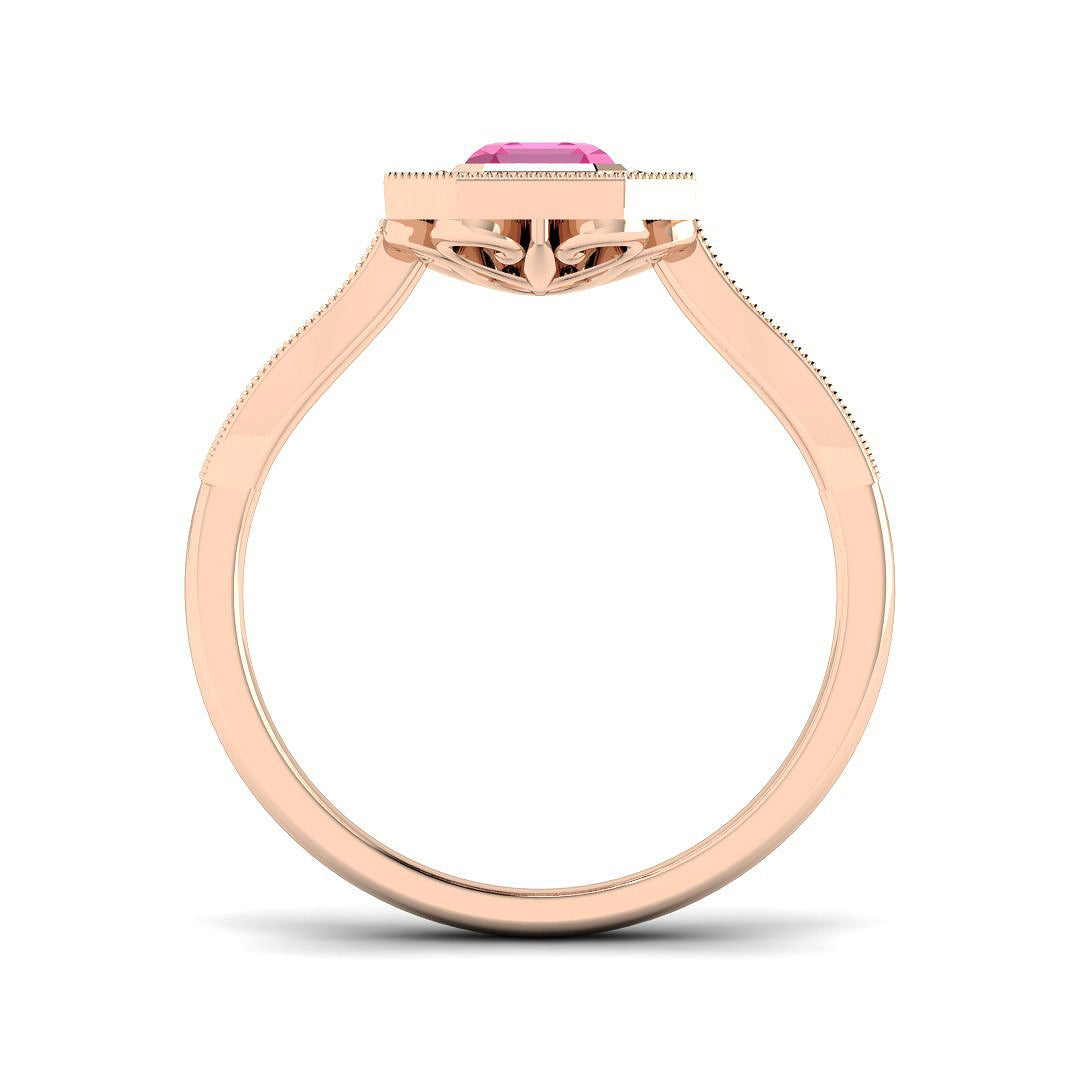 Pink Sapphire Halo Ring with Pave Diamonds Vintage Milgrain in 10K/14K gold and platinum with certified lab-grown or natural diamonds