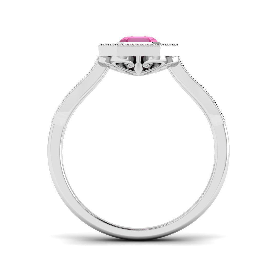 Pink Sapphire Halo Ring with Pave Diamonds Vintage Milgrain in 10K/14K gold and platinum with certified lab-grown or natural diamonds