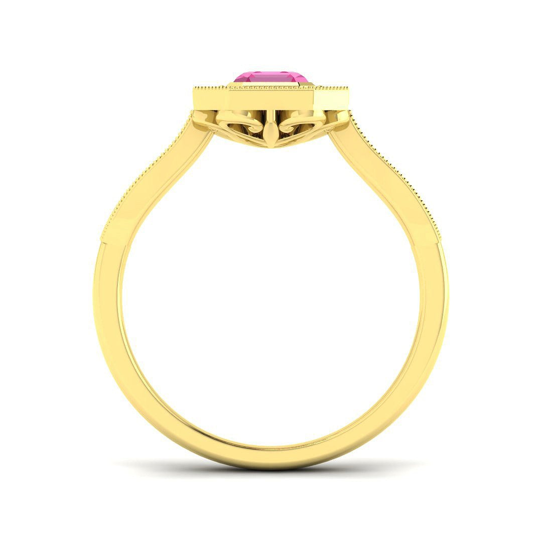 Pink Sapphire Halo Ring with Pave Diamonds Vintage Milgrain in 10K/14K gold and platinum with certified lab-grown or natural diamonds