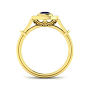 Vintage Round Blue Sapphire Double Halo Ring with Diamond Split Shoulders in 10K/14K gold and platinum with certified lab-grown or natural diamonds