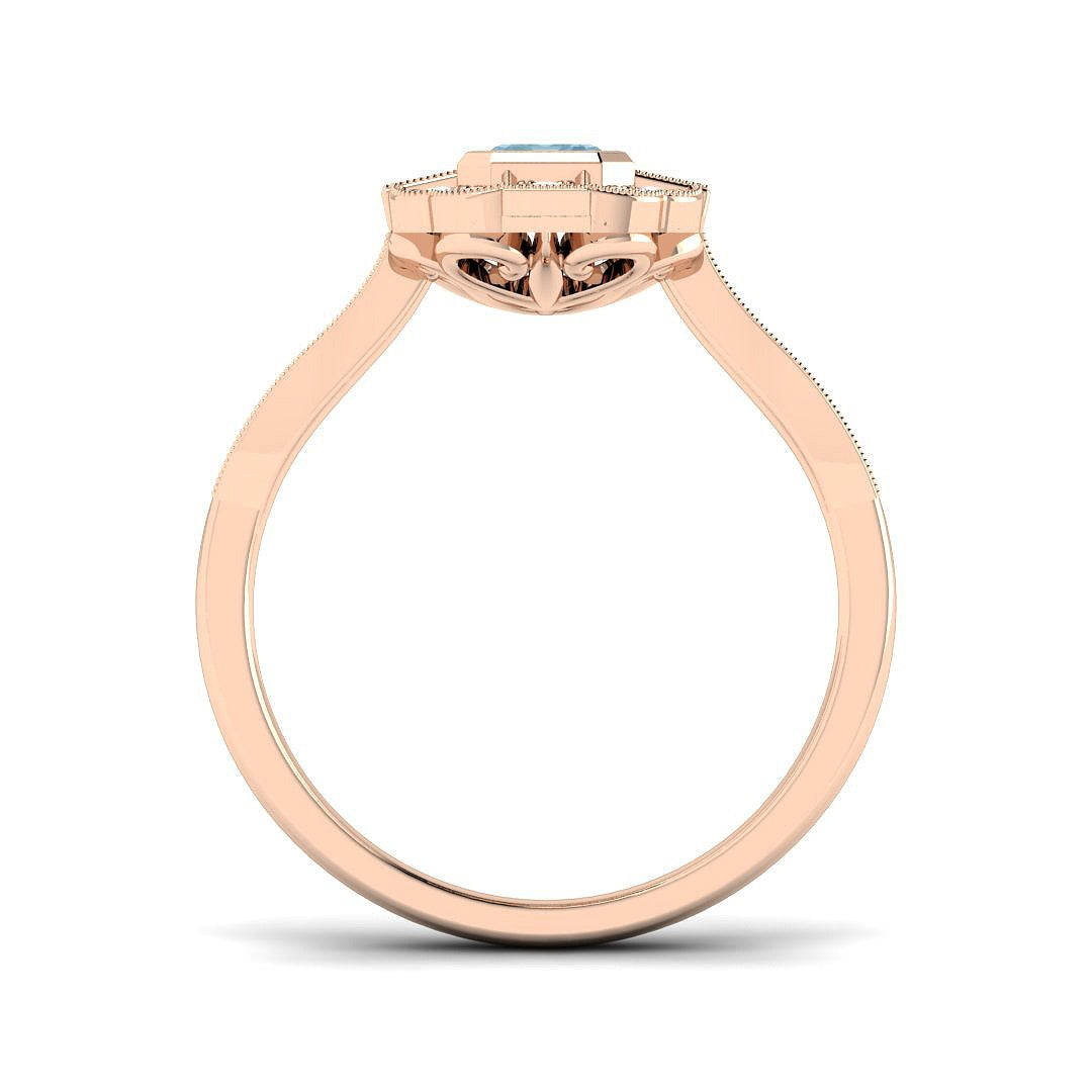 Emerald Cut Aquamarine Ring with Round Pave Diamonds Milgrain Vintage in 10K/14K gold and platinum with certified lab-grown or natural diamonds