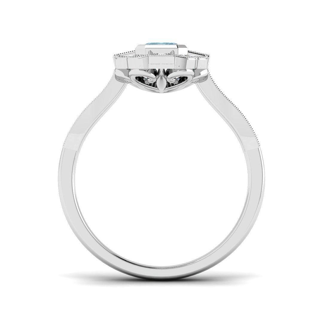 Emerald Cut Aquamarine Ring with Round Pave Diamonds Milgrain Vintage in 10K/14K gold and platinum with certified lab-grown or natural diamonds