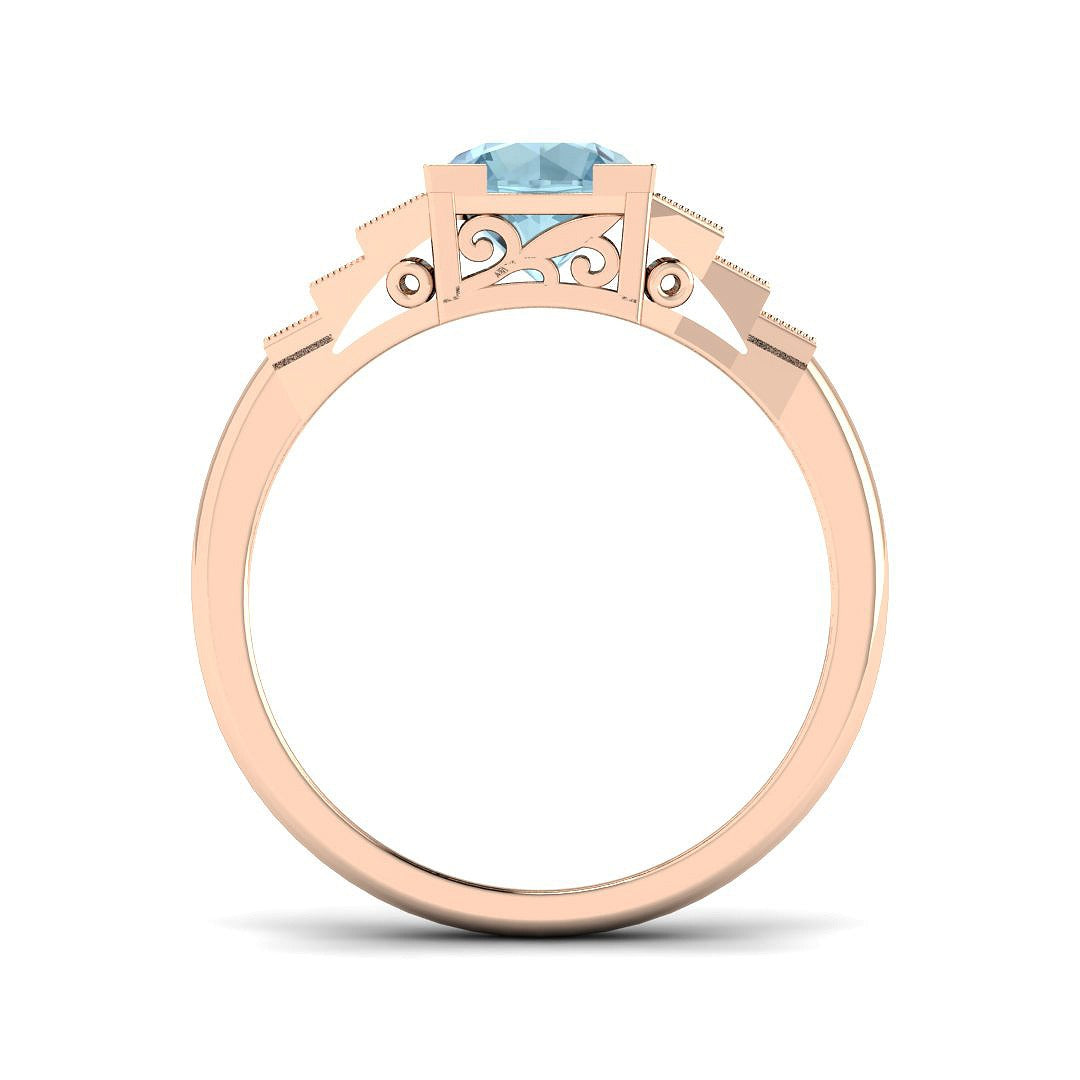 Round Cut Aquamarine Ring with Pave Diamond Side Accents in 10K/14K gold and platinum with certified lab-grown or natural diamonds