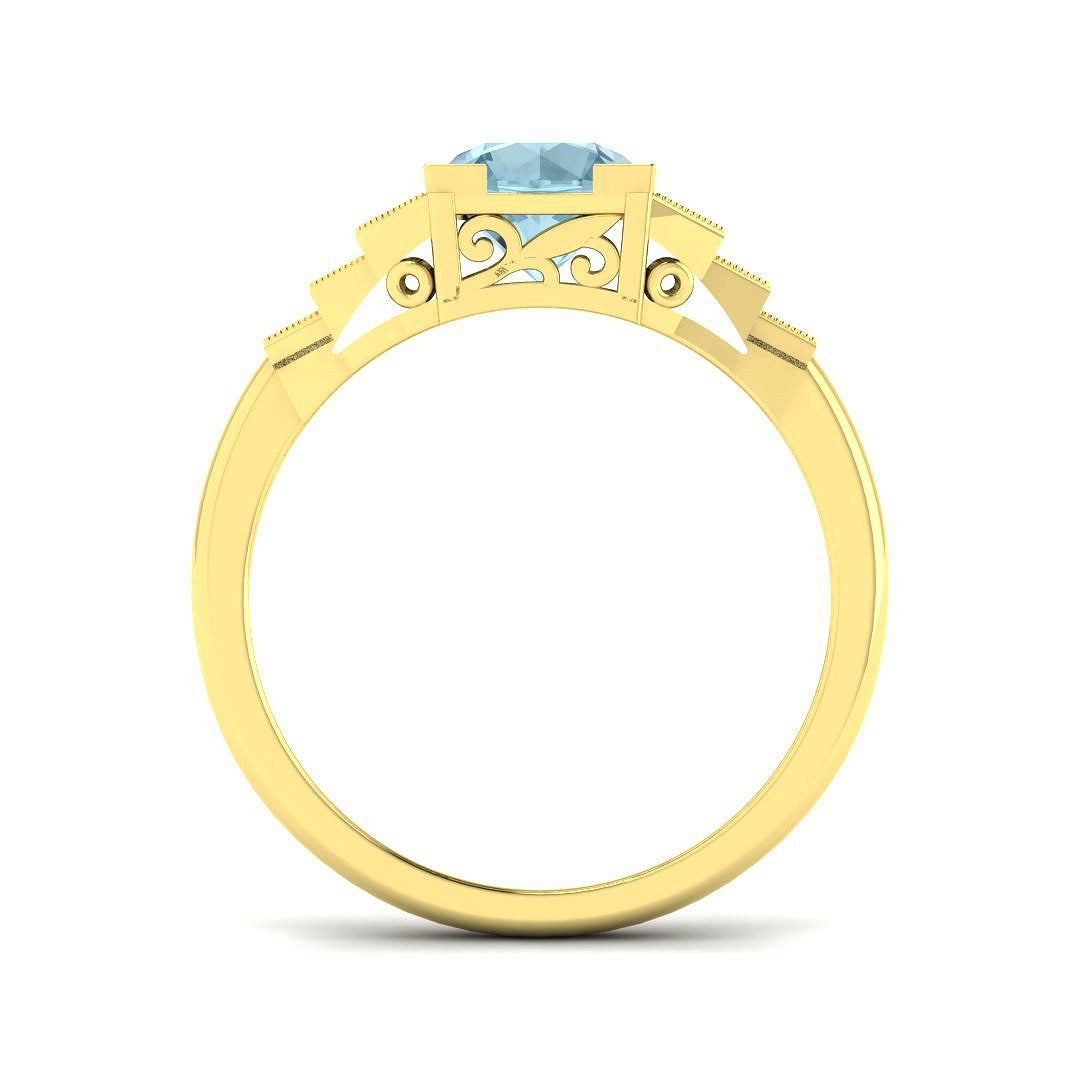 Round Cut Aquamarine Ring with Pave Diamond Side Accents in 10K/14K gold and platinum with certified lab-grown or natural diamonds