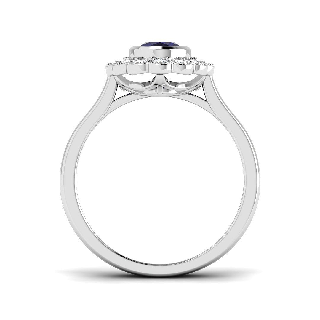 Vintage Oval Blue Sapphire Milgrain Halo Diamond Engagement Ring in 10K/14K gold and platinum with certified lab-grown or natural diamonds