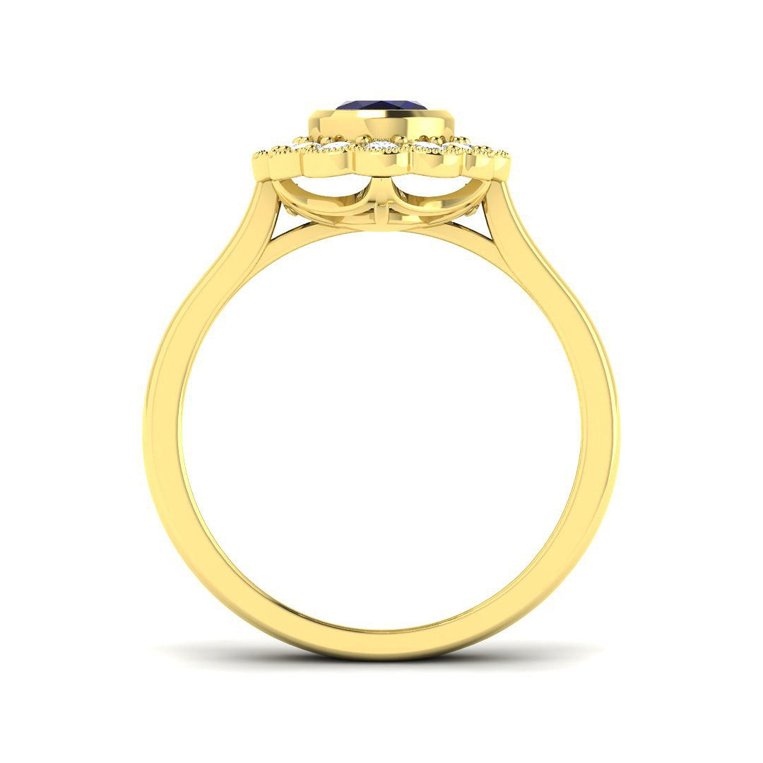 Vintage Oval Blue Sapphire Milgrain Halo Diamond Engagement Ring in 10K/14K gold and platinum with certified lab-grown or natural diamonds