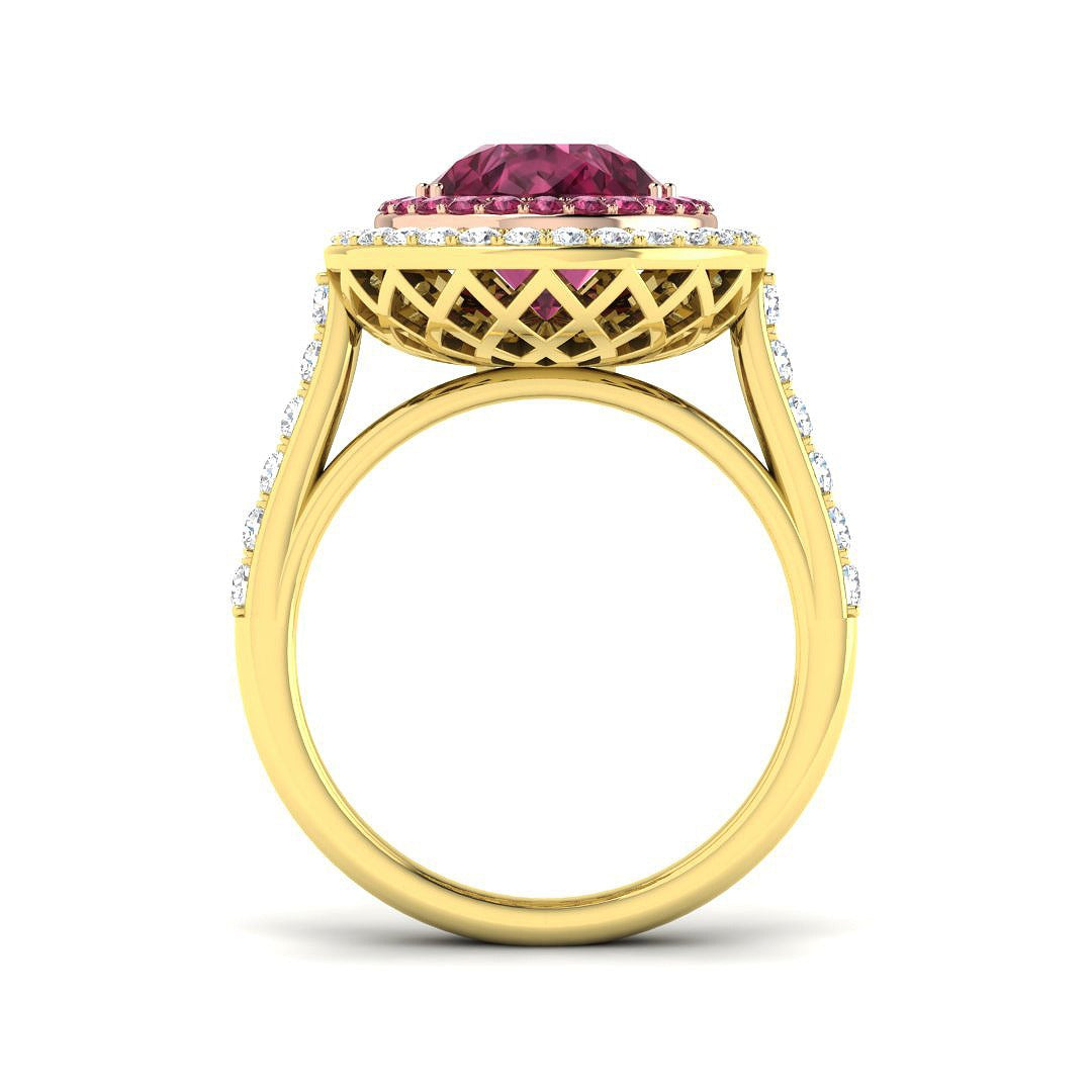 Pink Tourmaline Halo Ring Pear Cut with Diamond Pave in 10K/14K gold and platinum with certified lab-grown or natural diamonds