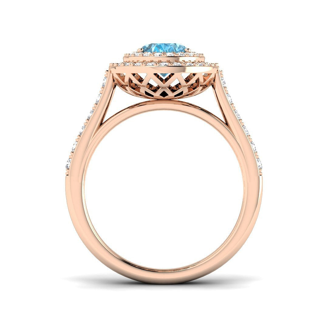 Blue Topaz Double Halo Ring with Round Pave Diamonds - UK Hallmarked in 10K/14K gold and platinum with certified lab-grown or natural diamonds