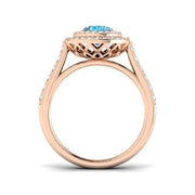 Blue Topaz Double Halo Ring with Round Pave Diamonds - UK Hallmarked in 10K/14K gold and platinum with certified lab-grown or natural diamonds