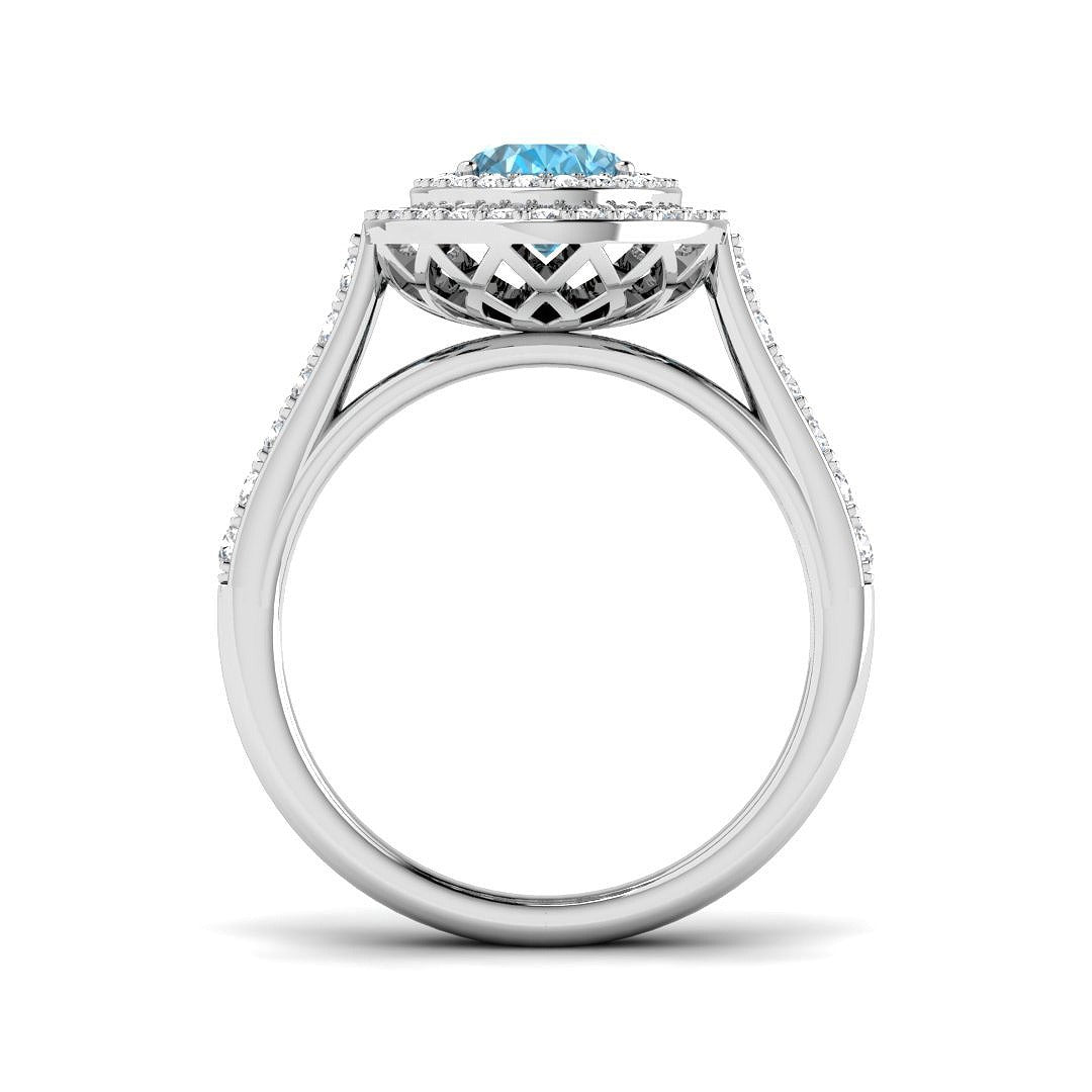 Blue Topaz Double Halo Ring with Round Pave Diamonds - UK Hallmarked in 10K/14K gold and platinum with certified lab-grown or natural diamonds