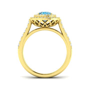 Blue Topaz Double Halo Ring with Round Pave Diamonds - UK Hallmarked in 10K/14K gold and platinum with certified lab-grown or natural diamonds