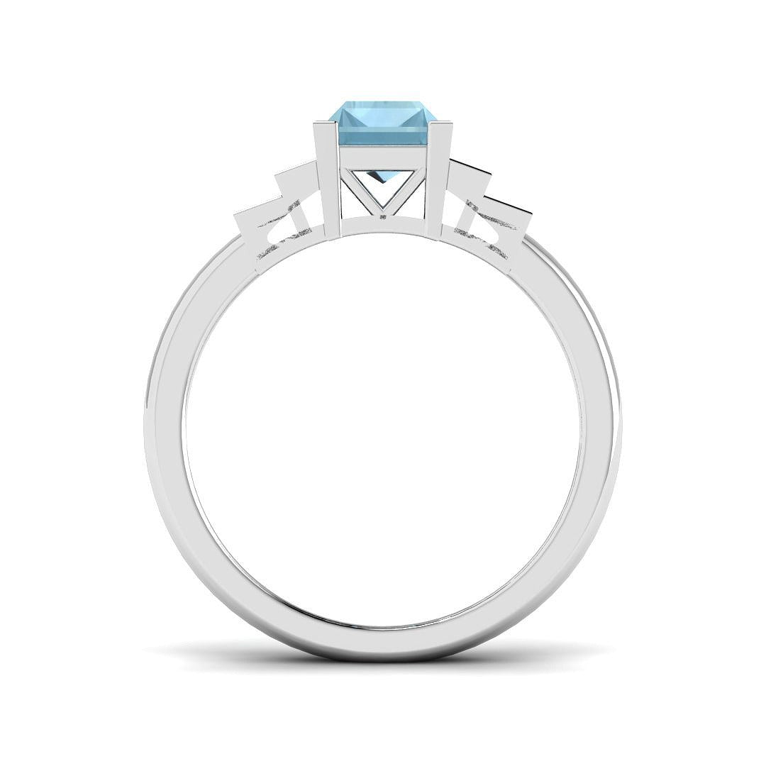Baguette Cut Aquamarine Ring with Natural Round Pave Side Stones in 10K/14K gold and platinum with certified lab-grown or natural diamonds