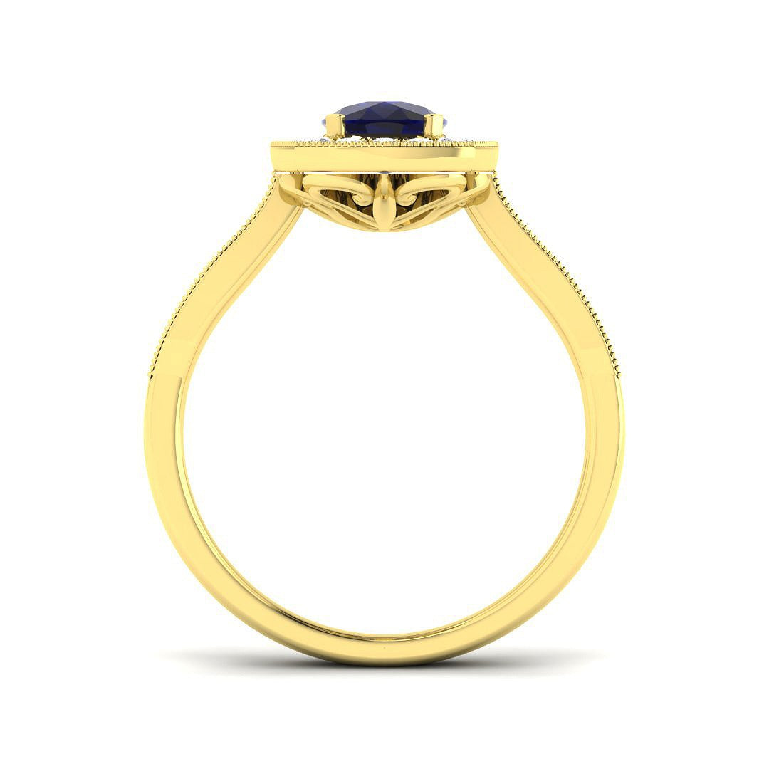 Vintage Oval Blue Sapphire Halo Diamond Engagement Ring - UK Made in 10K/14K gold and platinum with certified lab-grown or natural diamonds