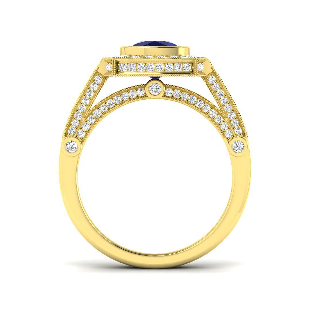 Vintage Cushion Cut Blue Sapphire Halo Diamond Engagement Ring - UK Made in 10K/14K gold and platinum with certified lab-grown or natural diamonds