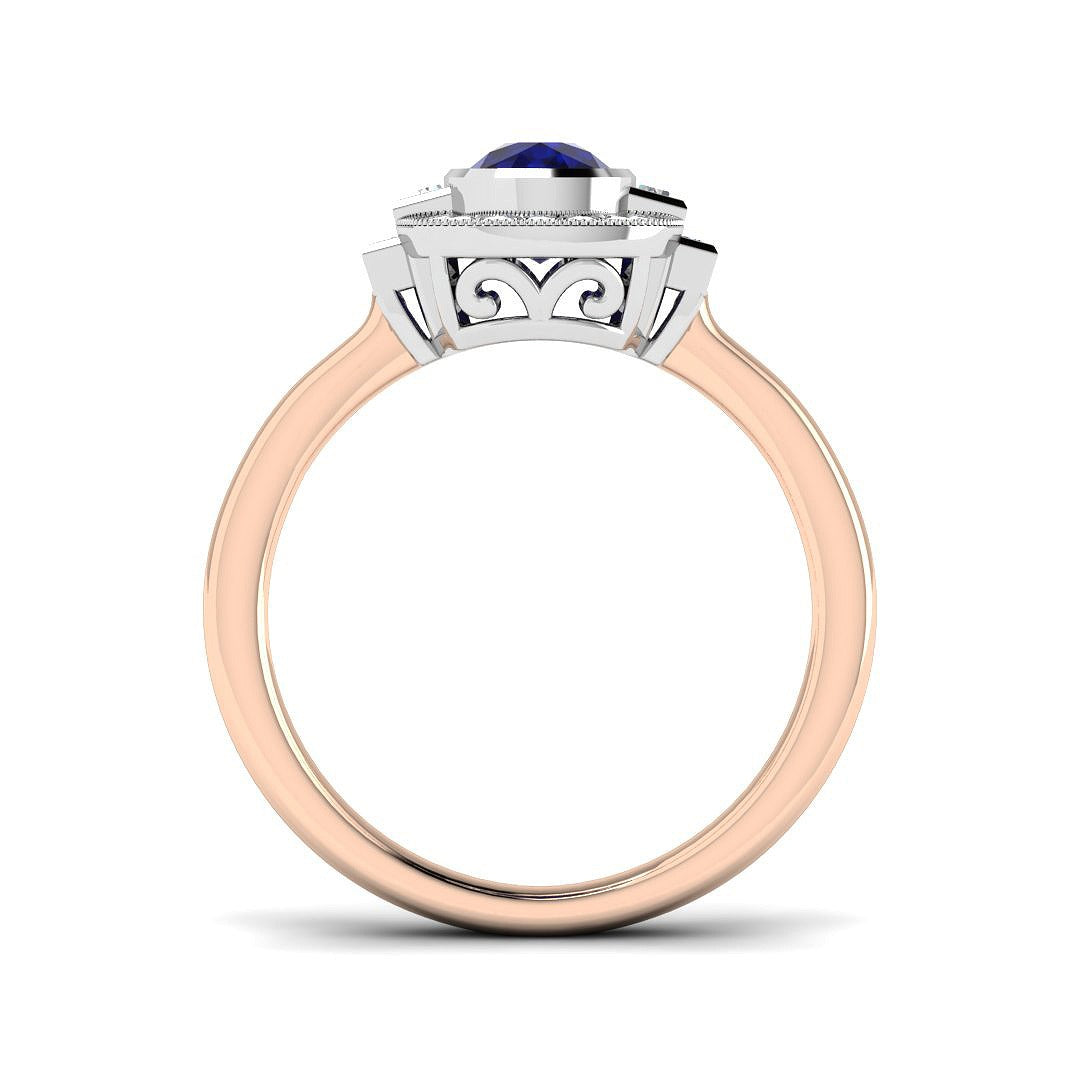 Vintage Bezel Oval Blue Sapphire Halo Diamond Engagement Ring - UK Made in 10K/14K gold and platinum with certified lab-grown or natural diamonds