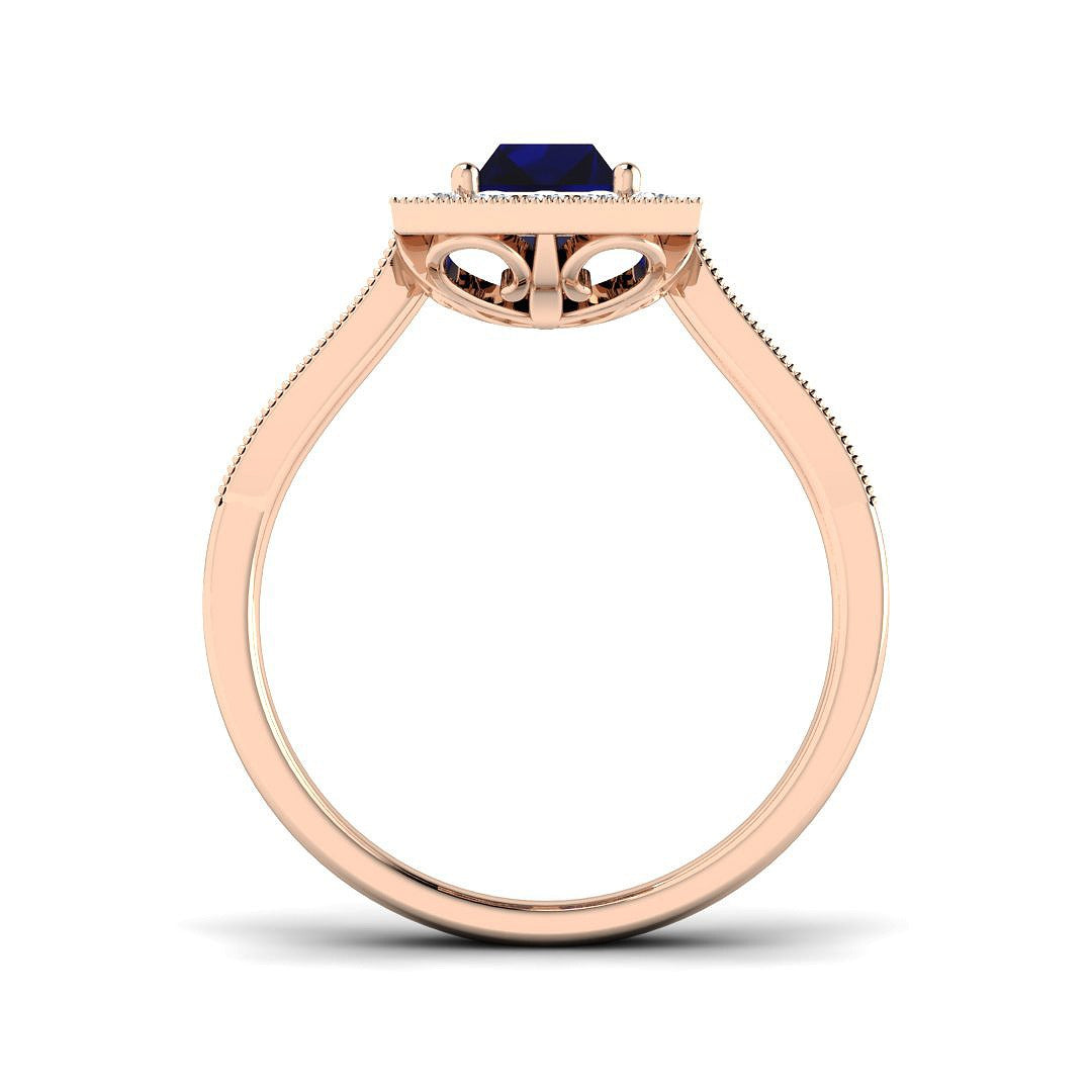 Vintage Emerald Cut Blue Sapphire Halo Diamond Engagement Ring - UK Made in 10K/14K gold and platinum with certified lab-grown or natural diamonds