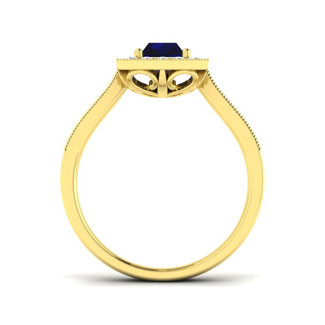 Vintage Emerald Cut Blue Sapphire Halo Diamond Engagement Ring - UK Made in 10K/14K gold and platinum with certified lab-grown or natural diamonds