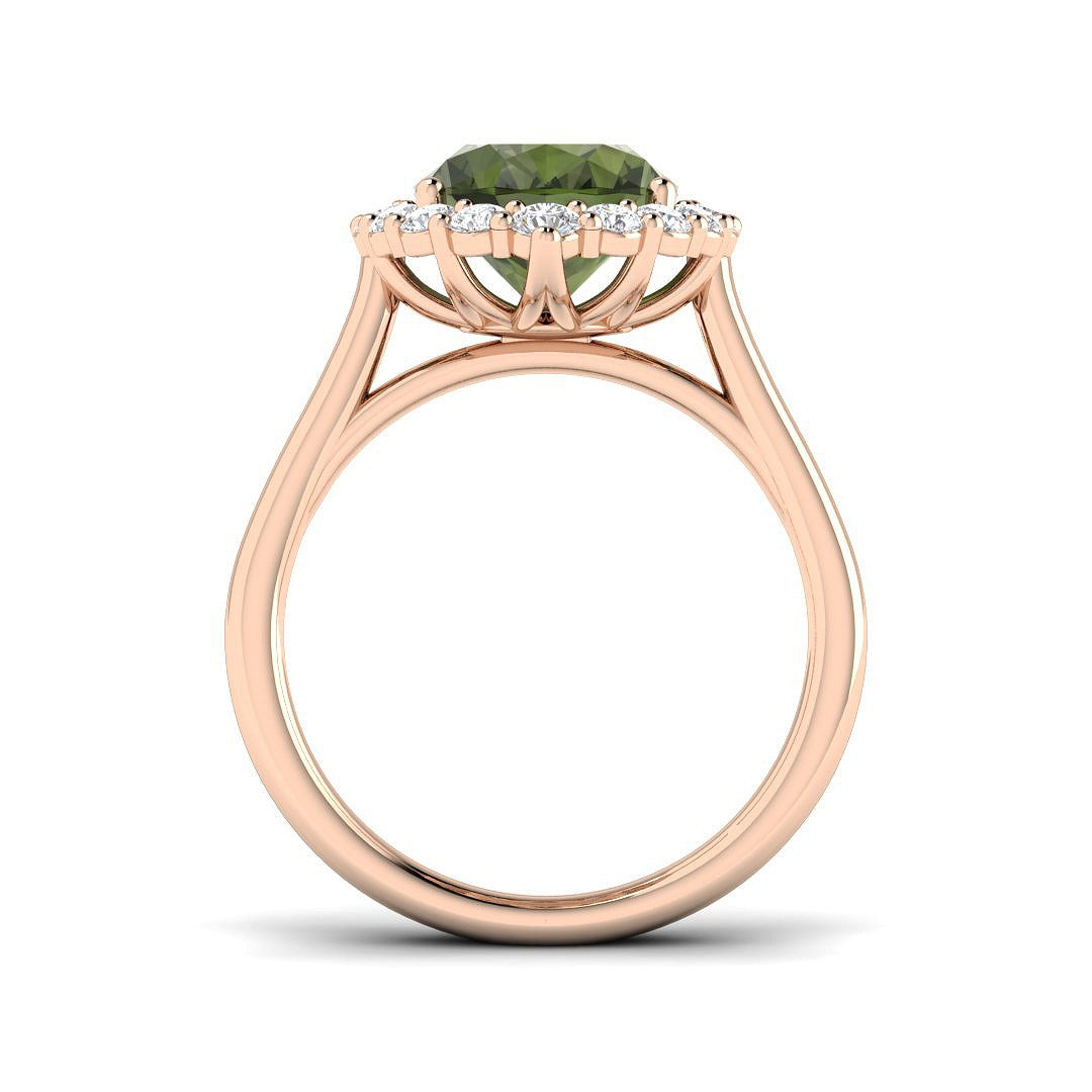 Oval Green Tourmaline Ring with Round Halo Diamonds in 10K/14K gold and platinum with certified lab-grown or natural diamonds