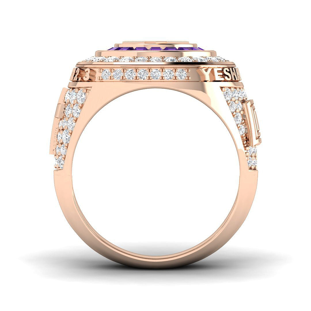 Star of David Championship Ring for Men Amethyst Halo Pave Diamonds in 10K/14K gold and platinum with certified lab-grown or natural diamonds