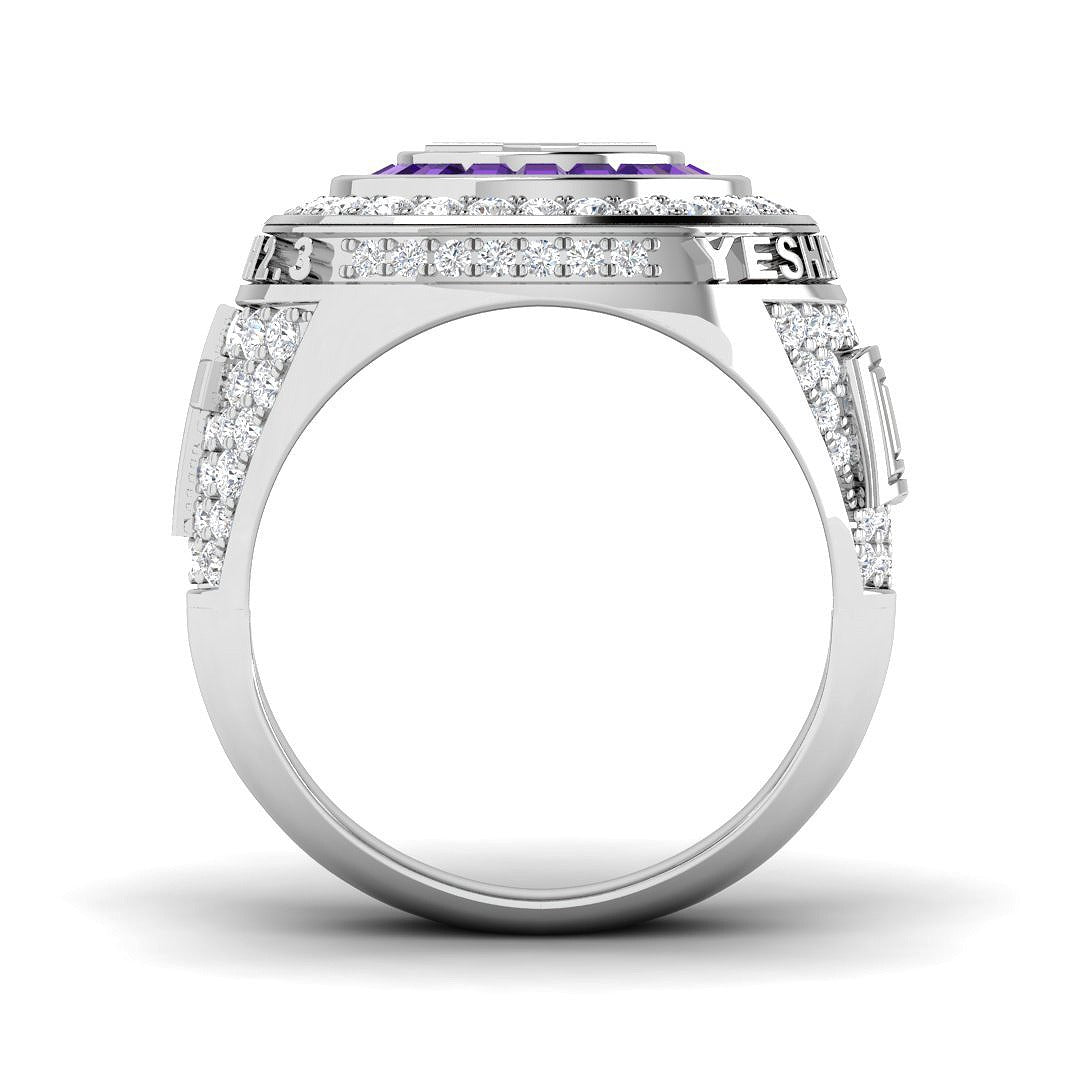 Star of David Championship Ring for Men Amethyst Halo Pave Diamonds in 10K/14K gold and platinum with certified lab-grown or natural diamonds