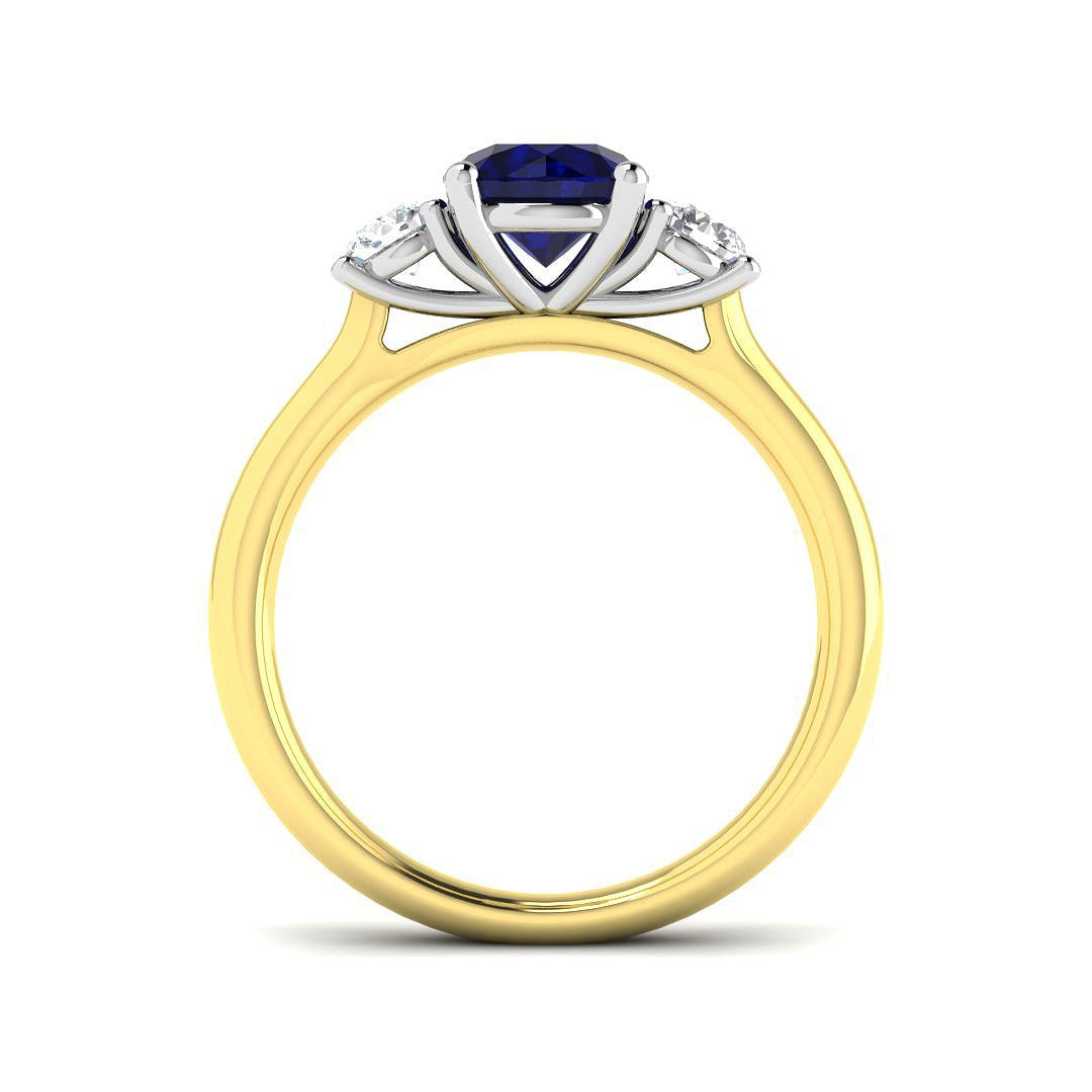 Round Blue Sapphire Three Stone Ring in 10K/14K gold and platinum with certified lab-grown or natural diamonds