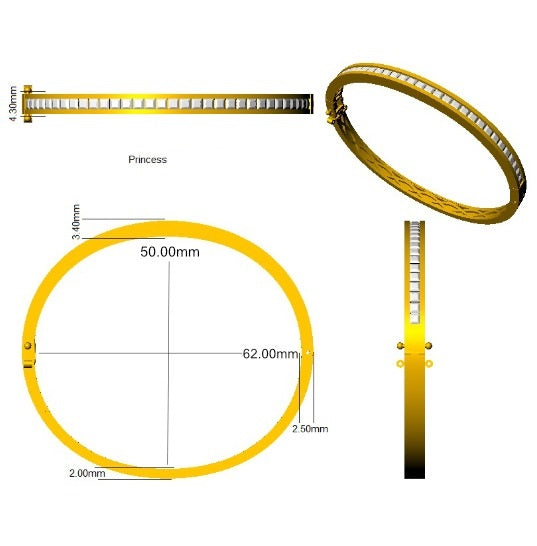 Natural Princess Cut Channel Set Diamond Bangle in Channel Set with Hinged Lock in 10K/14K gold and platinum with certified lab-grown or natural diamonds