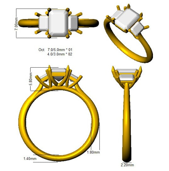 Ruby Three Stone Ring with Emerald Cut Diamond Side Stones in 10K/14K gold and platinum with certified lab-grown or natural diamonds