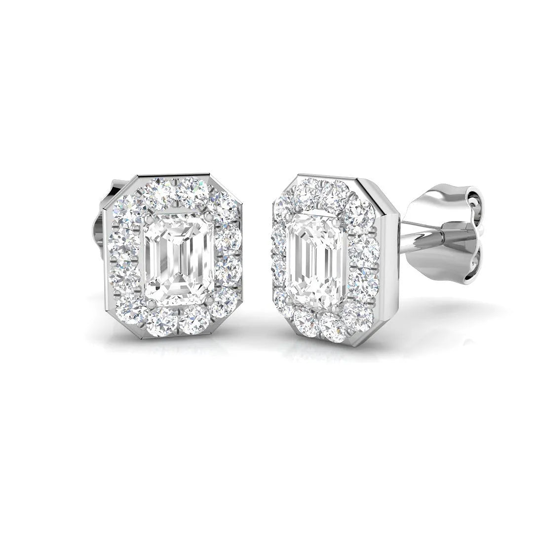 Stud Earrings with Lab Grown Emerald Cut and Halo - 1.00ct in 10K/14K gold and platinum with certified lab-grown or natural diamonds