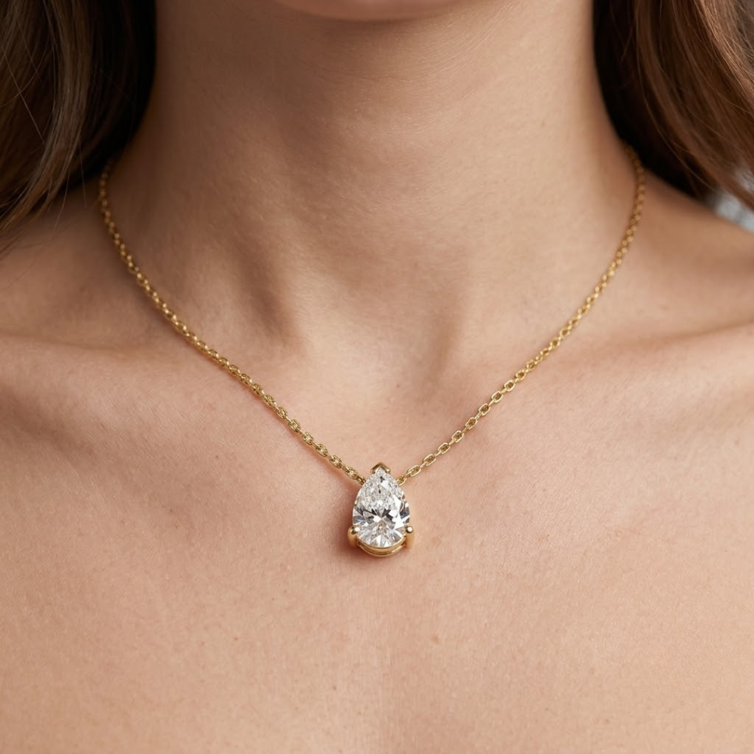 Lab Grown Pear Diamond Solitaire Necklace in 10K/14K gold and platinum with certified lab-grown or natural diamonds