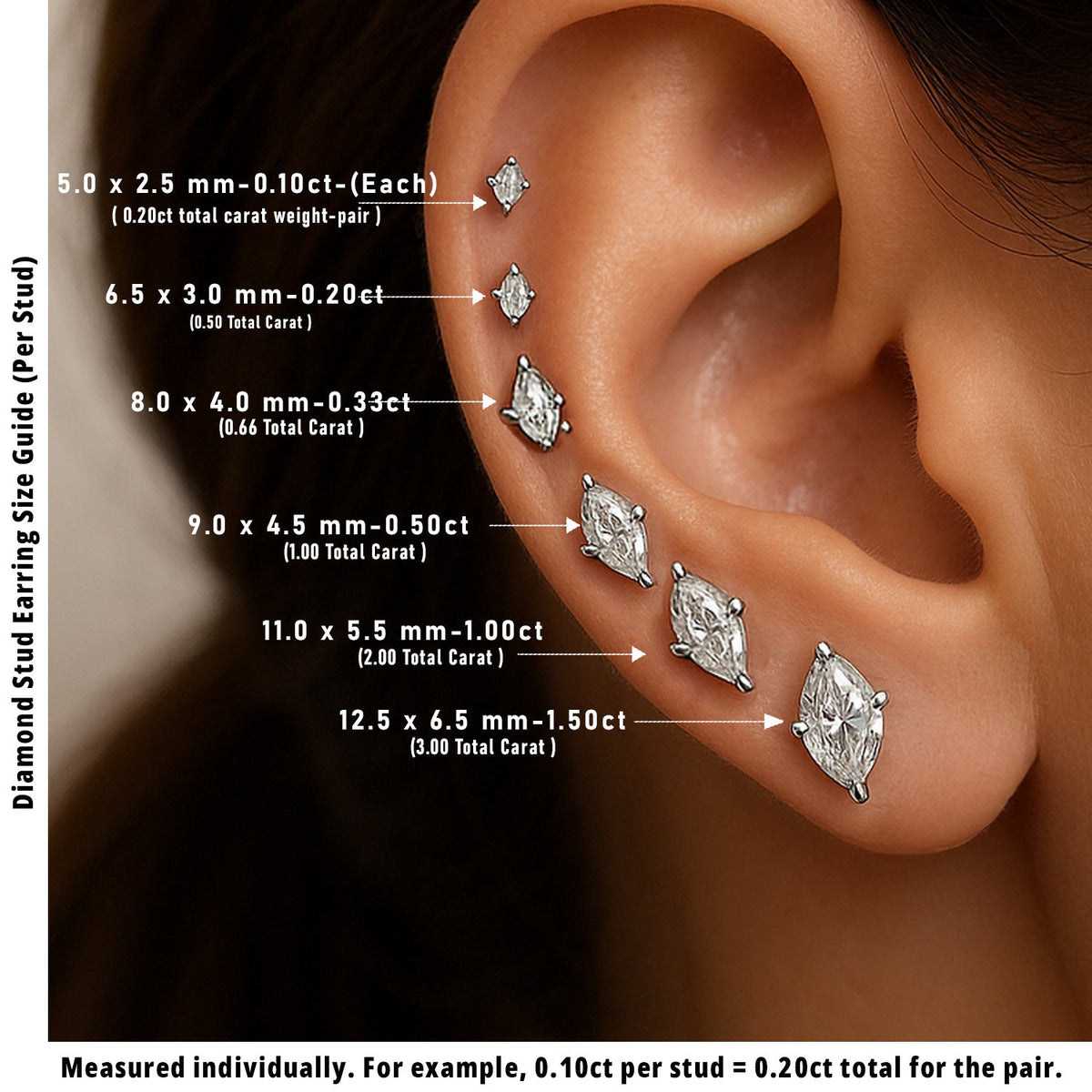 Stud Earrings with Lab Grown Marquise Cut Diamond - 0.70ct in 10K/14K gold and platinum with certified lab-grown or natural diamonds