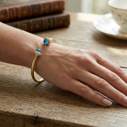Blue Topaz Open Cuff Bangle with Natural Diamond Halo Ends in 10K/14K gold and platinum with certified lab-grown or natural diamonds