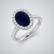 Oval Blue Sapphire Halo Ring with Pave Natural Diamond Band in 10K/14K gold and platinum with certified lab-grown or natural diamonds