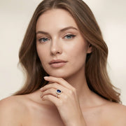 Oval Blue Sapphire Halo Ring with Pave Natural Diamond Band in 10K/14K gold and platinum with certified lab-grown or natural diamonds