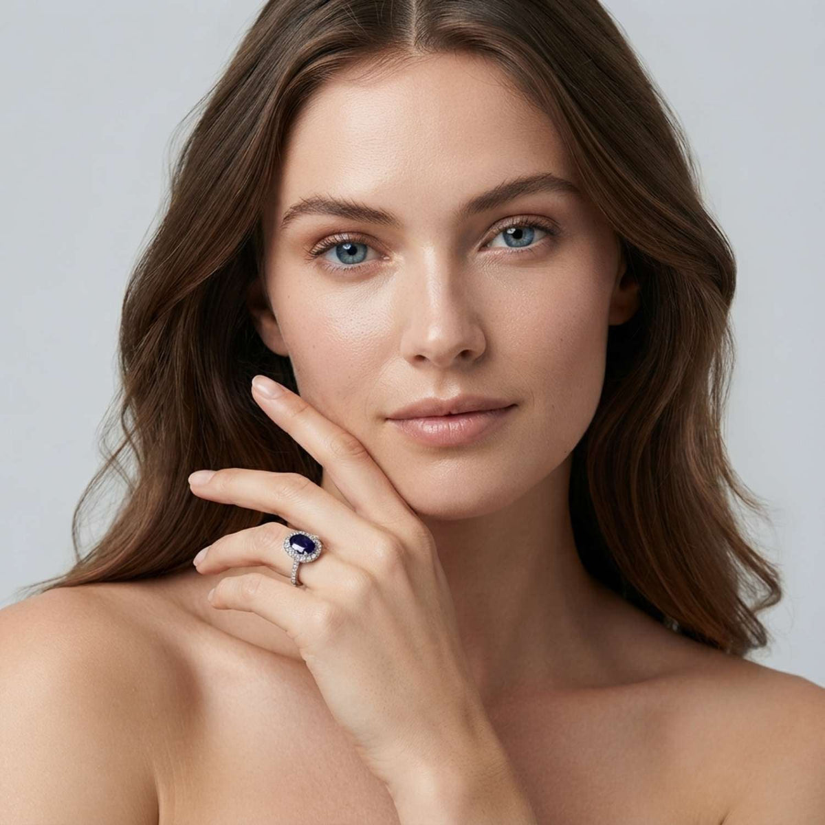 Oval Blue Sapphire Halo Ring with Pave Natural Diamond Band in 10K/14K gold and platinum with certified lab-grown or natural diamonds