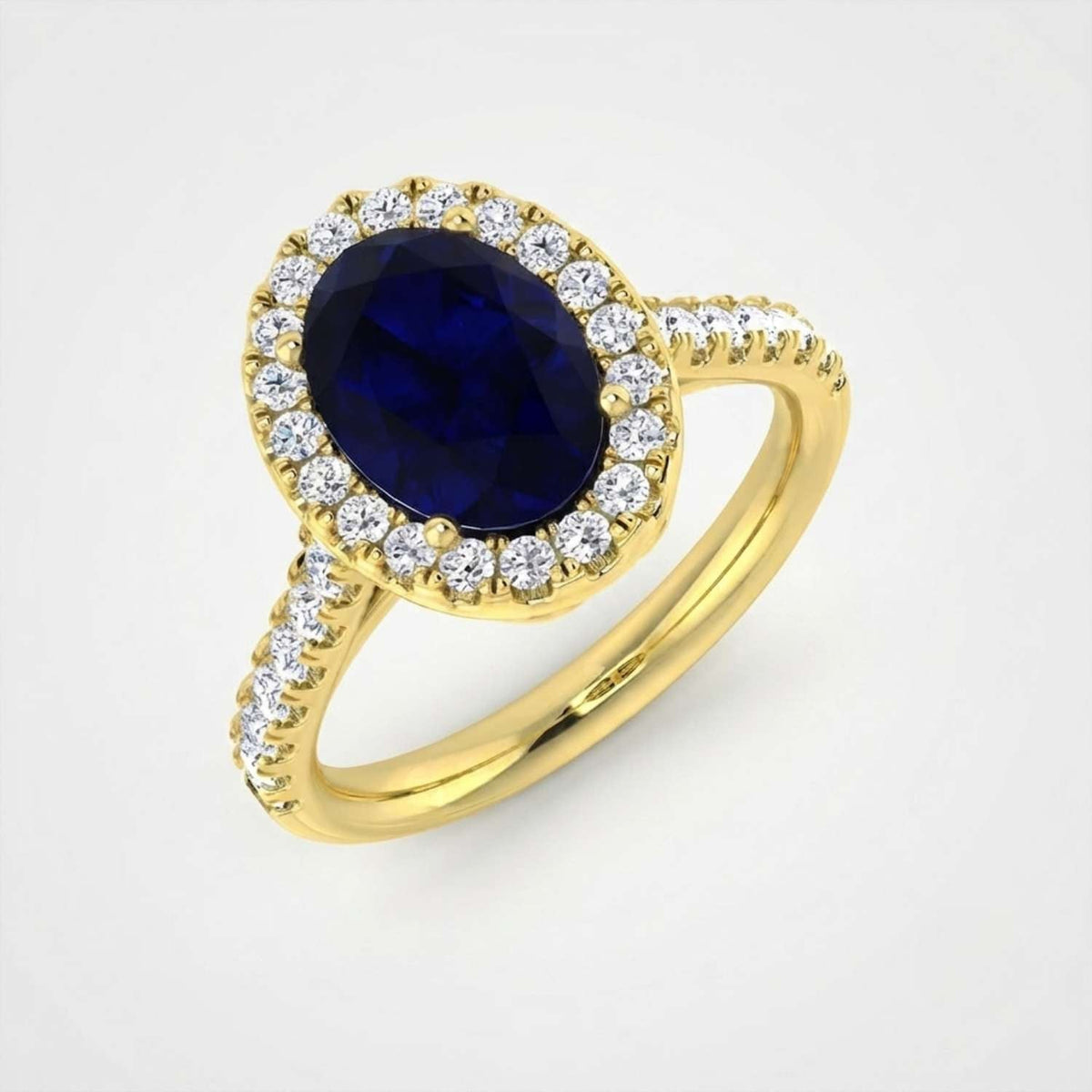 Oval Blue Sapphire Halo Ring with Pave Natural Diamond Band in 10K/14K gold and platinum with certified lab-grown or natural diamonds