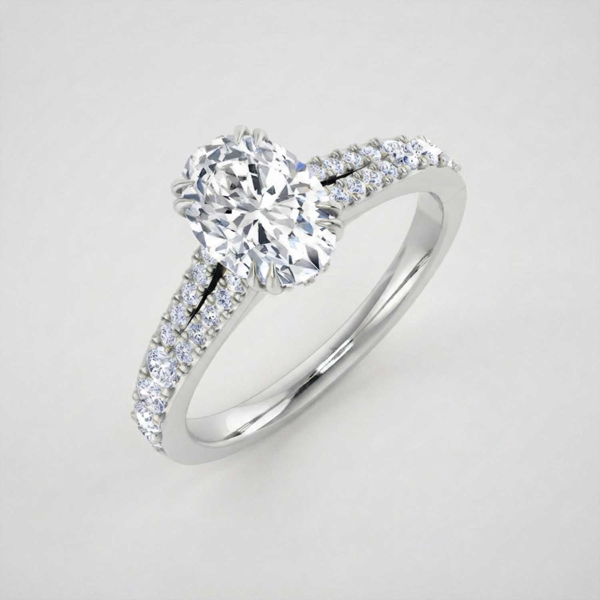 Oval Cut Diamond Engagement Ring with Double Pave Band in 10K/14K gold and platinum with certified lab-grown or natural diamonds