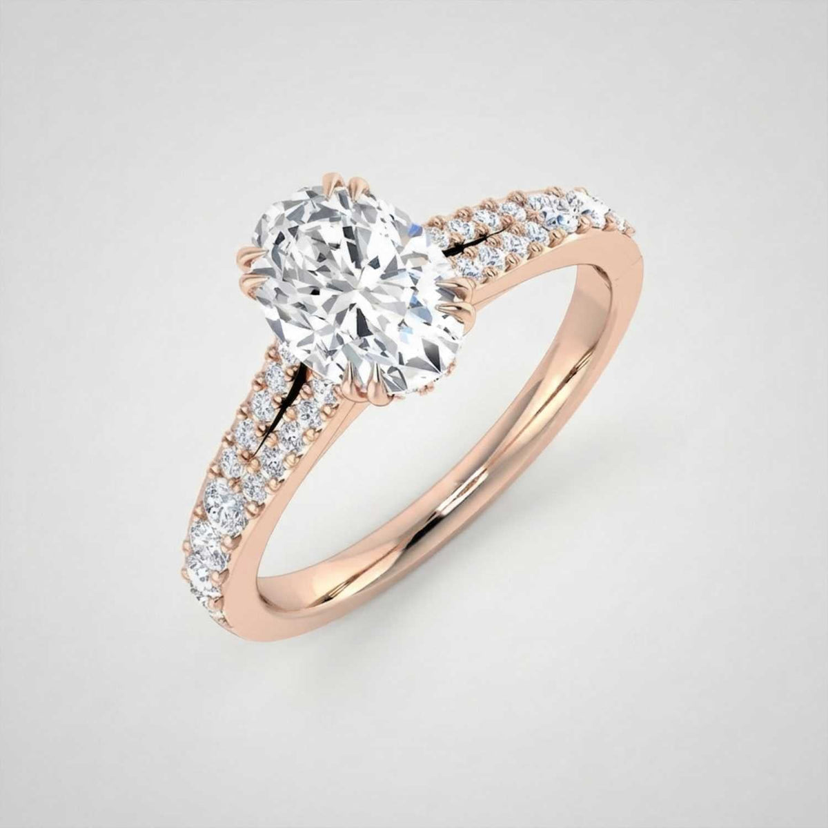 Oval Cut Diamond Engagement Ring with Double Pave Band in 10K/14K gold and platinum with certified lab-grown or natural diamonds