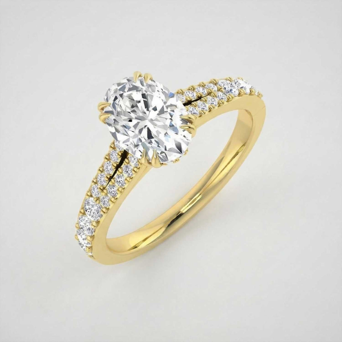 Oval Cut Diamond Engagement Ring with Double Pave Band in 10K/14K gold and platinum with certified lab-grown or natural diamonds