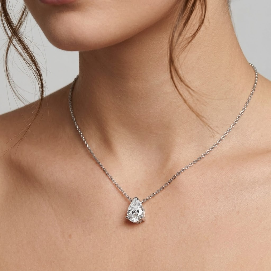 Lab Grown Pear Diamond Solitaire Necklace in 10K/14K gold and platinum with certified lab-grown or natural diamonds