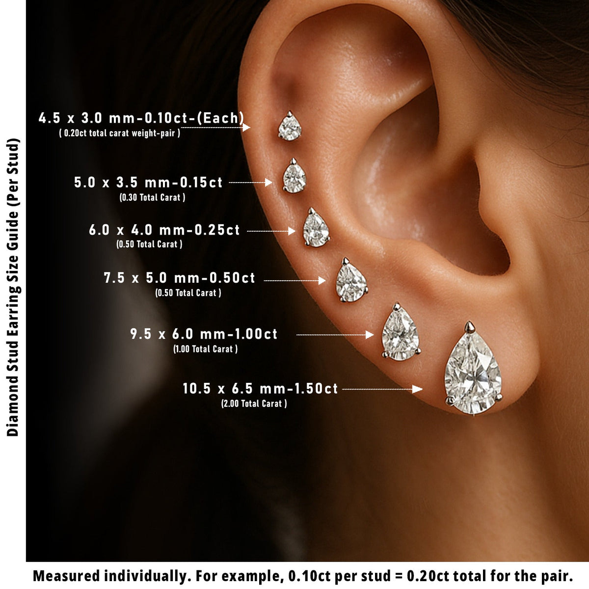 Stud Earrings with Lab Grown Pear Cut Diamond - 1.50ct in 10K/14K gold and platinum with certified lab-grown or natural diamonds