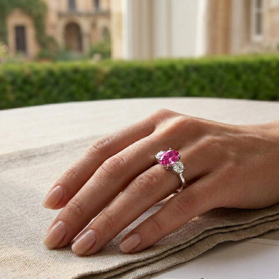 Oval Cut Pink Sapphire Ring with Diamond Side Stones in 10K/14K gold and platinum with certified lab-grown or natural diamonds
