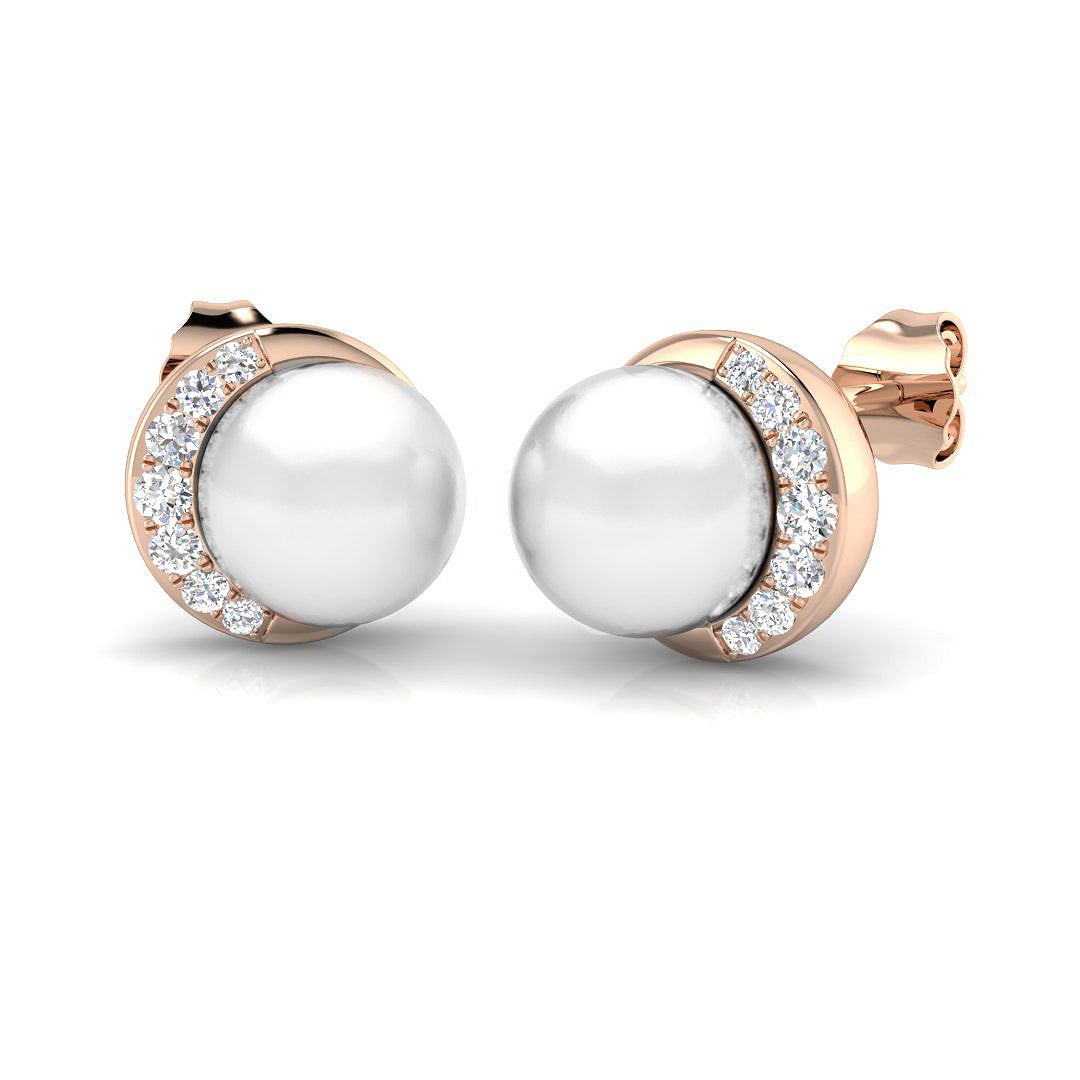 Pearl Diamond Stud Earrings with Push Back Clasp - UK Hallmarked in 10K/14K gold and platinum with certified lab-grown or natural diamonds