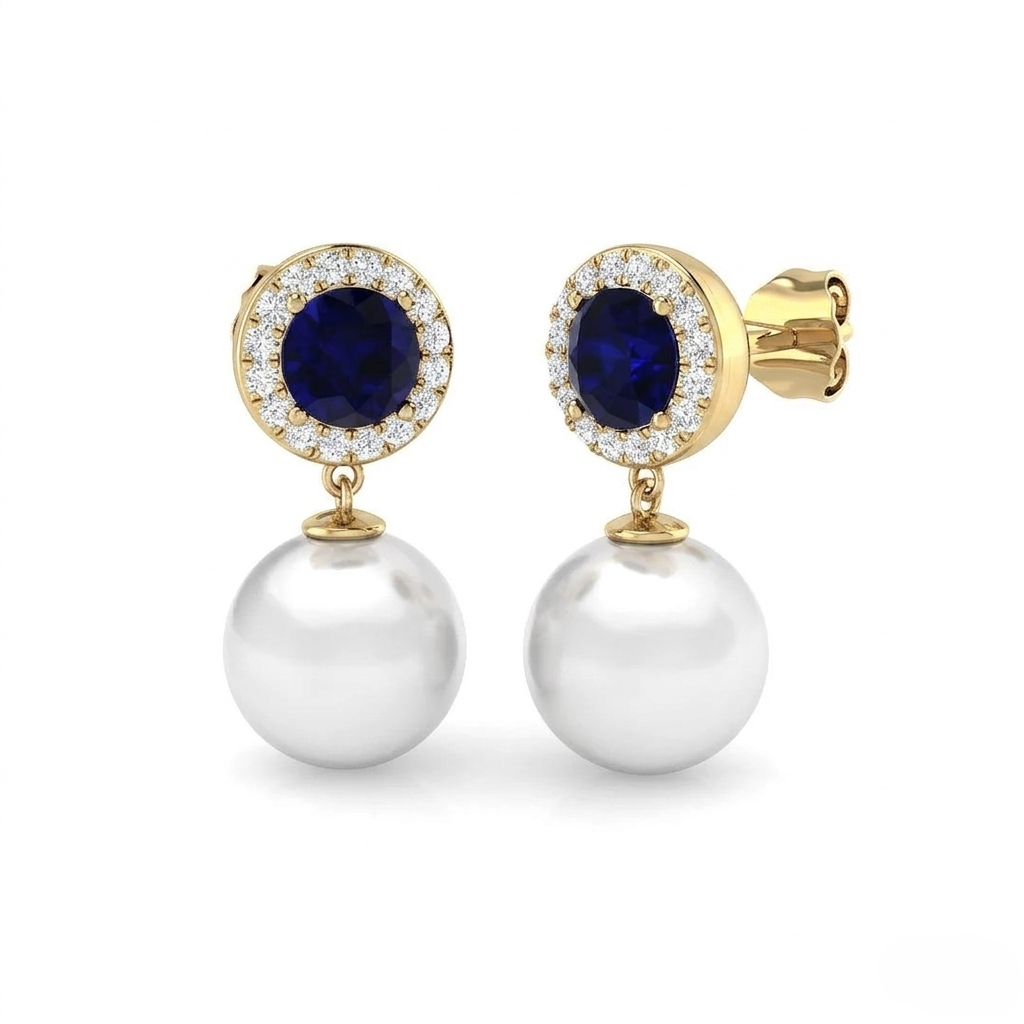 5.50ct Blue Sapphire Halo Pearl Diamond Earrings in 10K/14K gold and platinum with certified lab-grown or natural diamonds