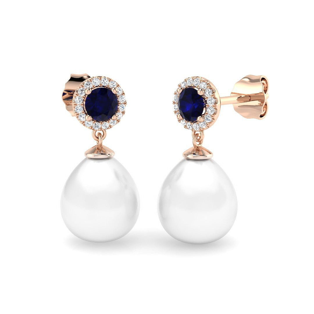 Blue Sapphire Halo Pearl Diamond Earrings - Push Back - Elegant Jewellery in 10K/14K gold and platinum with certified lab-grown or natural diamonds
