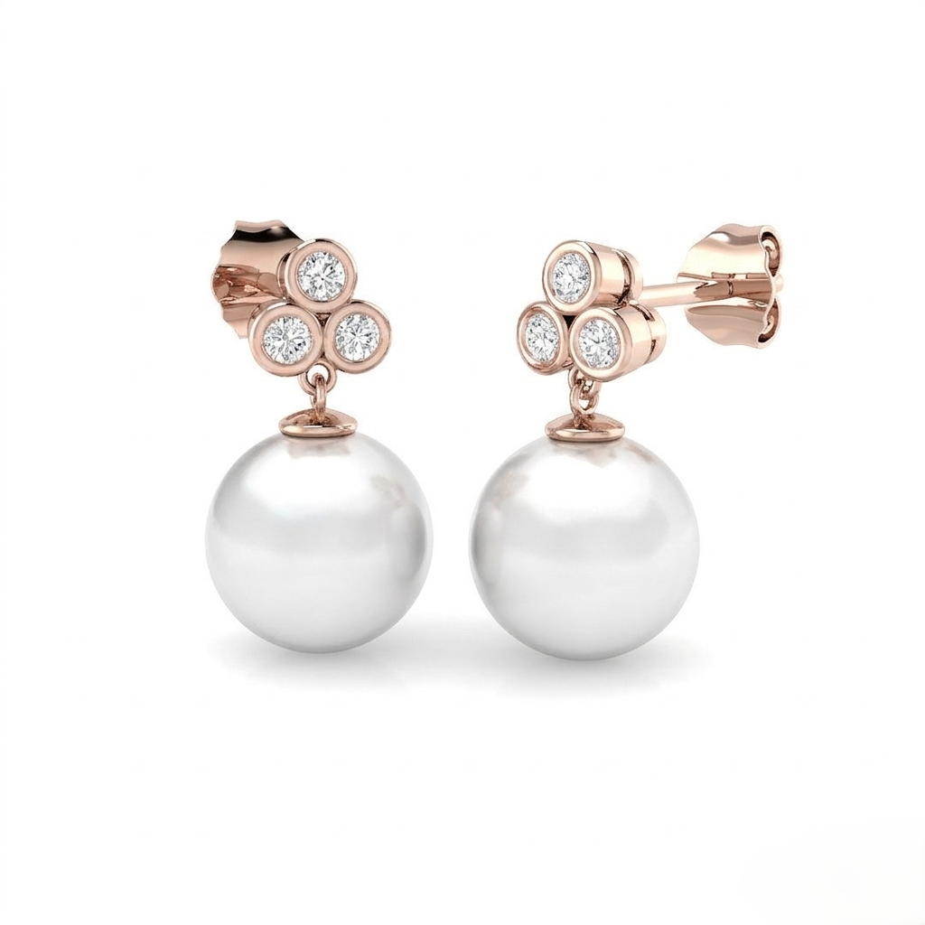 Round Pearl Diamond Drop Earrings with Bezel Set Diamonds in 10K/14K gold and platinum with certified lab-grown or natural diamonds