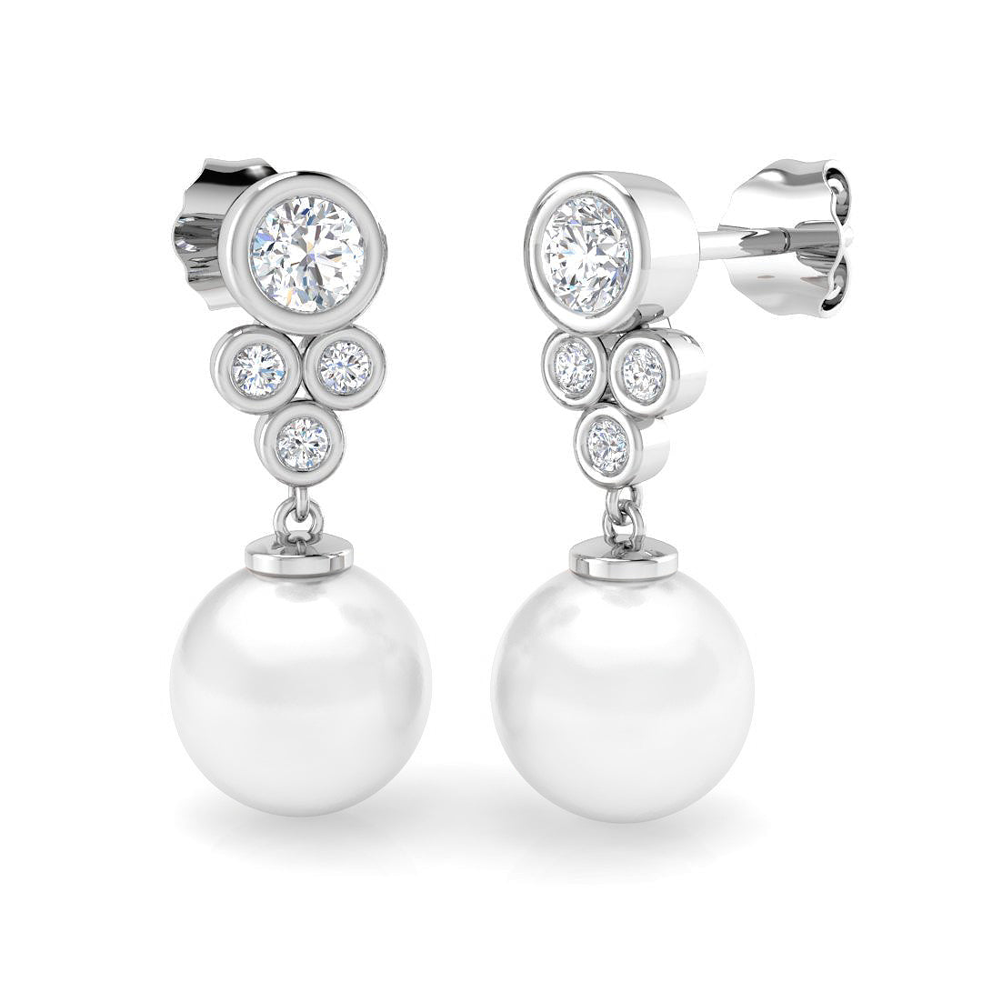 Round Pearl Diamond Drop Earrings with Bezel Set Diamonds & Push Back in 10K/14K gold and platinum with certified lab-grown or natural diamonds
