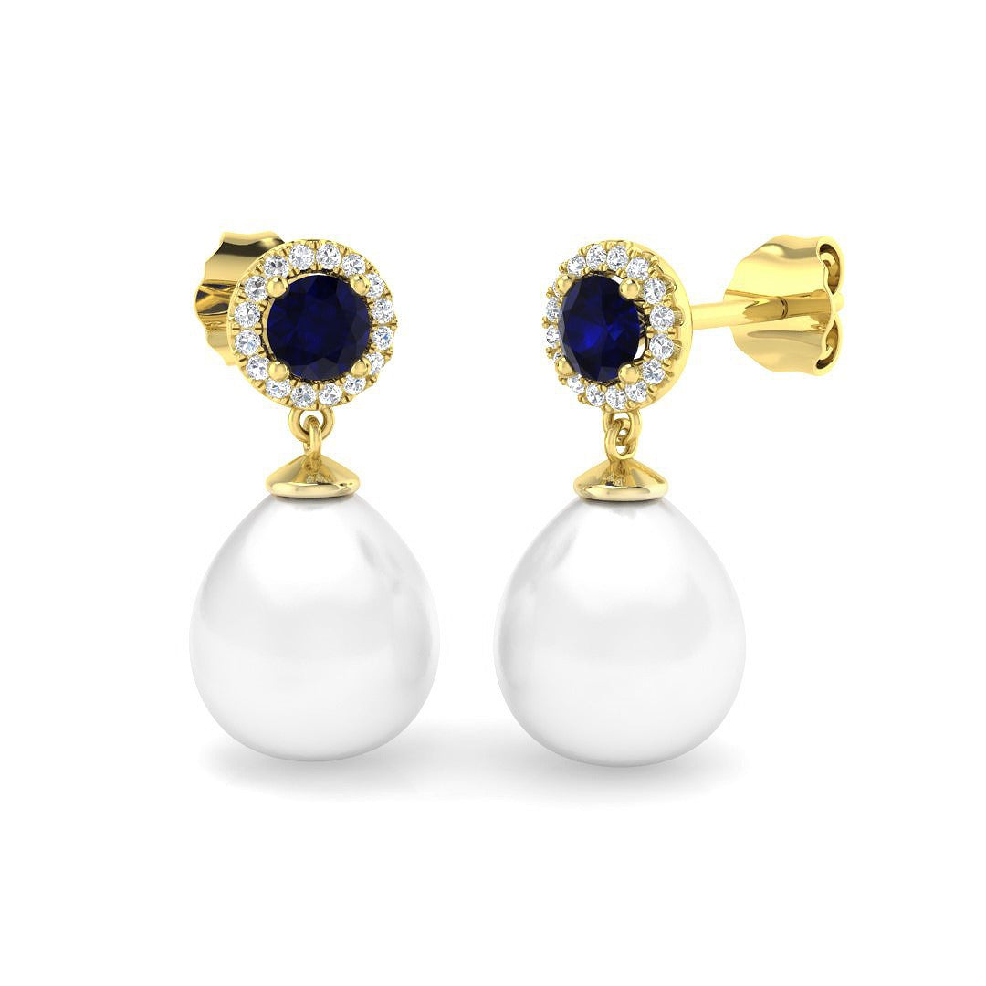 Blue Sapphire Halo Pearl Diamond Earrings - Push Back - Elegant Jewellery in 10K/14K gold and platinum with certified lab-grown or natural diamonds