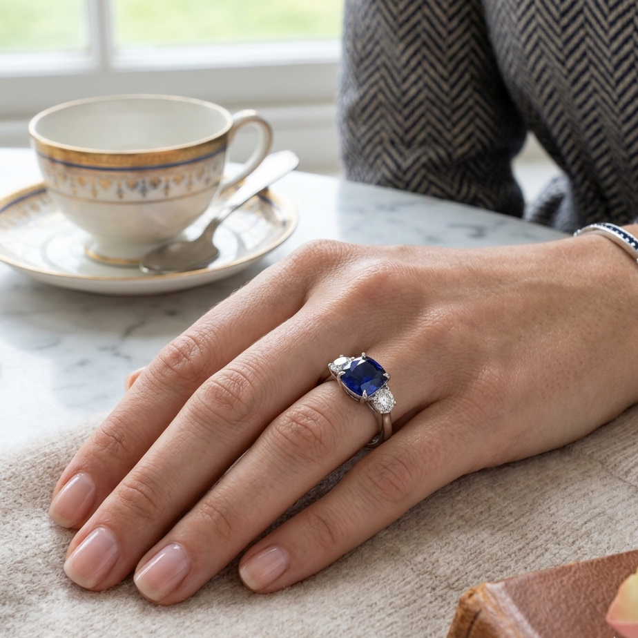 Cushion Cut Blue Sapphire Ring with Natural Round Side Stones Trilogy in 10K/14K gold and platinum with certified lab-grown or natural diamonds